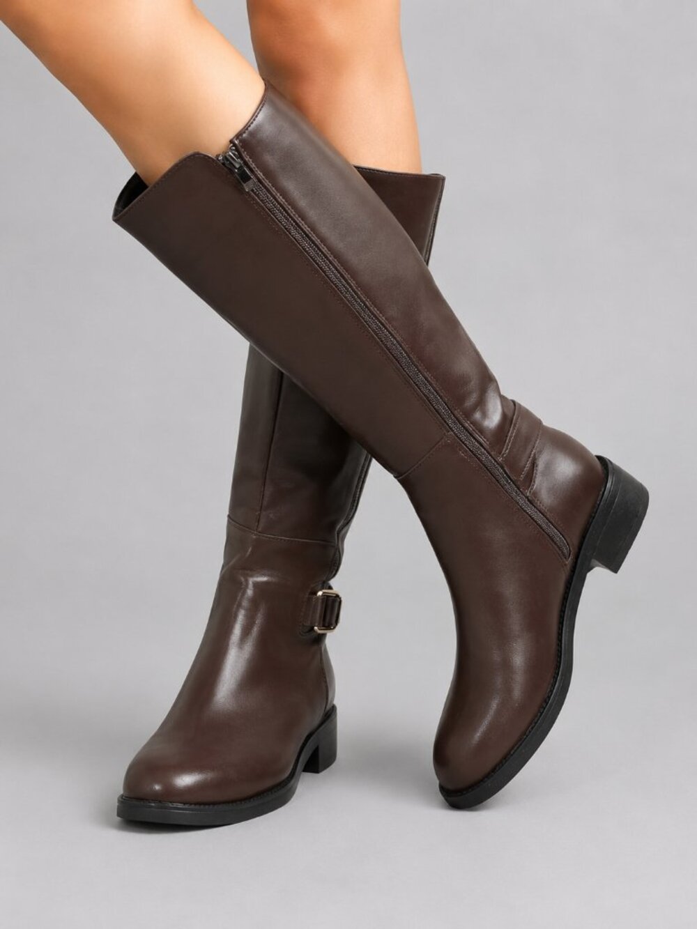 Women's Brown PU Leather Knee High Riding Boots Buckle Zip Equestrian Style Boot - Picture 3 of 9